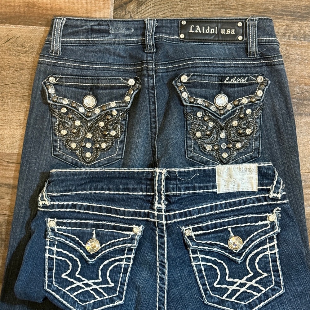 LA Idol‎ Vintage Y2K Rhinestone Bootcut/Capri Denim Jeans Bundle, Dark Wash,7